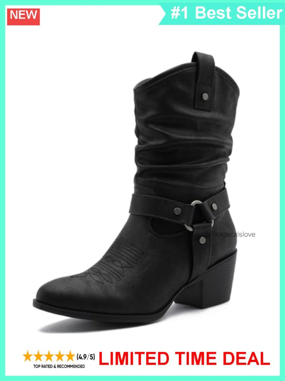 Vegan Leather Mid Calf Western Boots 2-Inch Heel Side Zip